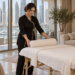 AI-generated illustration of a professional female therapist preparing a home-visit massage in Dubai Marina