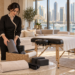 AI-generated illustration of a professional female therapist preparing a home-visit massage in Dubai Marina