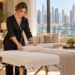 AI-generated illustration of a professional female therapist preparing a home-visit massage in Dubai Marina