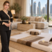 AI-generated illustration of a professional female therapist preparing a home-visit massage in Dubai Marina